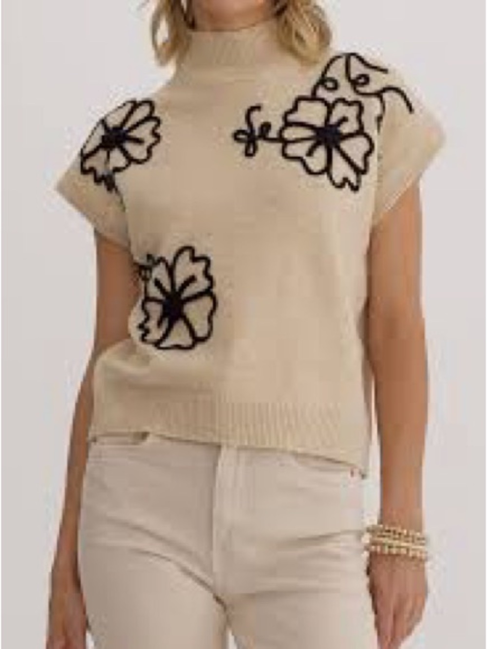 Entro Cream Sweater with Black Floral Design (Sz S)